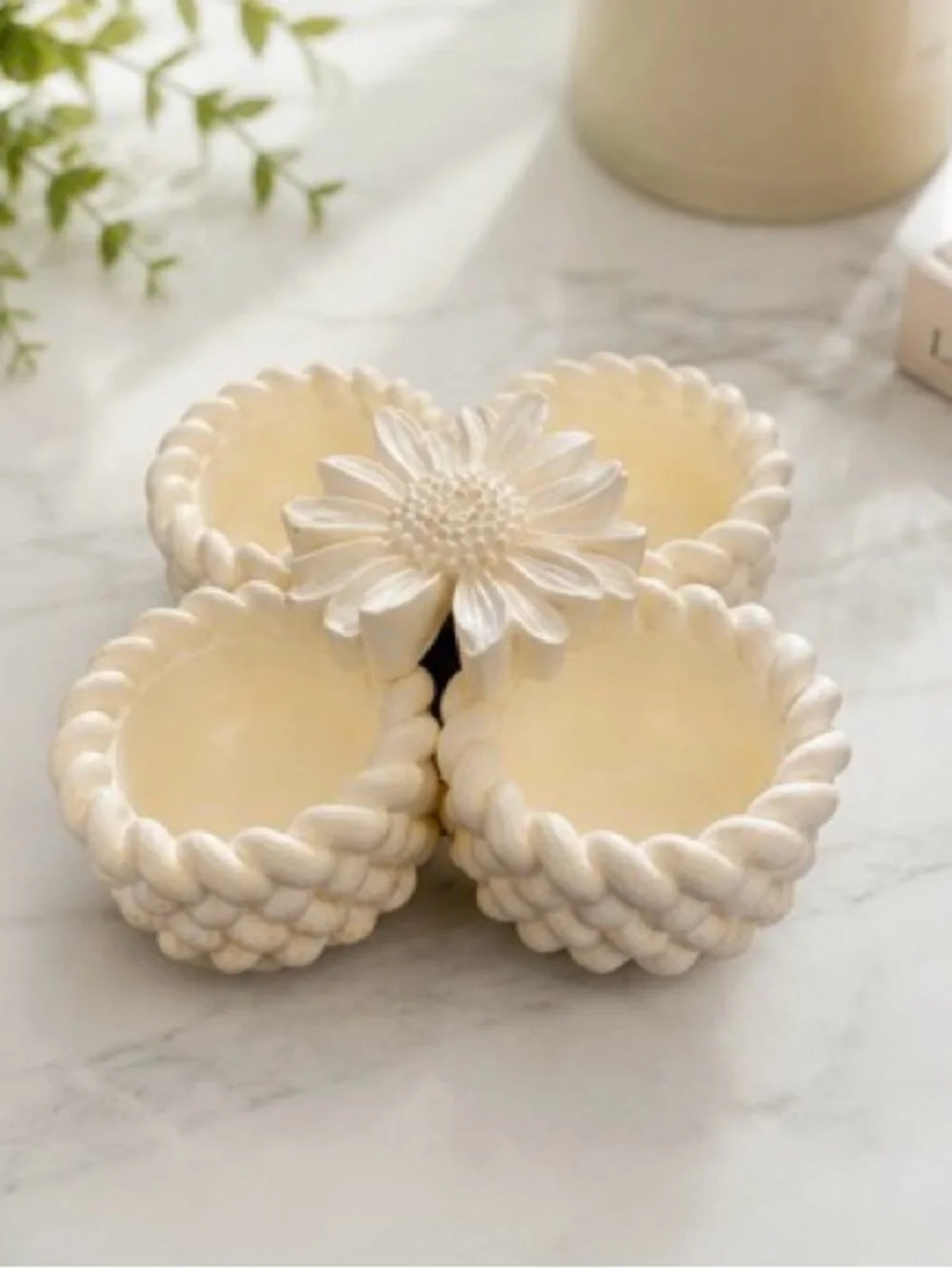 Cream Ceramic Braided Tealight Holder Set with Floral Accent